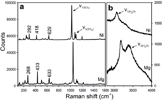 Figure 11 Raman spectra of dwornikite (Ni) and kieserite (Mg) at room temperature in the region of (a) tetrahedral, octahedral, and lattice modes, and (b) in the region of the O–H stretching modes. Data for kieserite are taken from Talla and Wildner (2019).