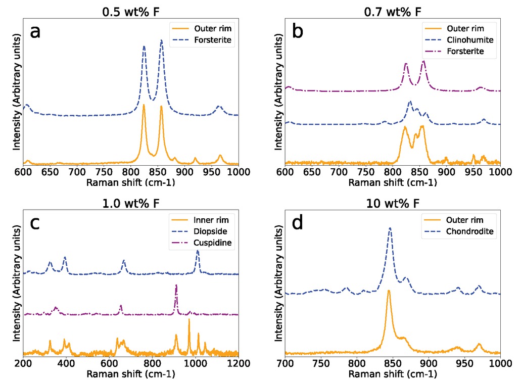 Figure 6 Representative Raman spectra of experiments with a fluorine content of 0.5 (a), 0.7 (b), 1 (c), 10 (d) wt% F. Spectra a, b, and d were taken in the outer layer of the respective rim sequence close to the rim l matrix interface. Spectrum c was obtained from the diopside-cuspidine palisades bordering the wollastonite interface.
