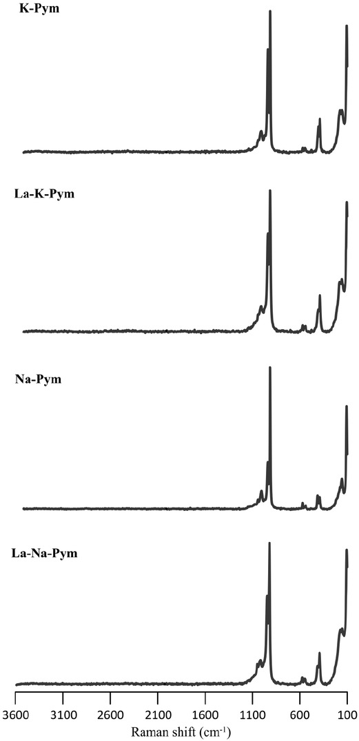 Figure 2 Raman spectra of synthesized analogs of La-doped pyromorphites and control samples in the 100–3600 cm–1 region.
