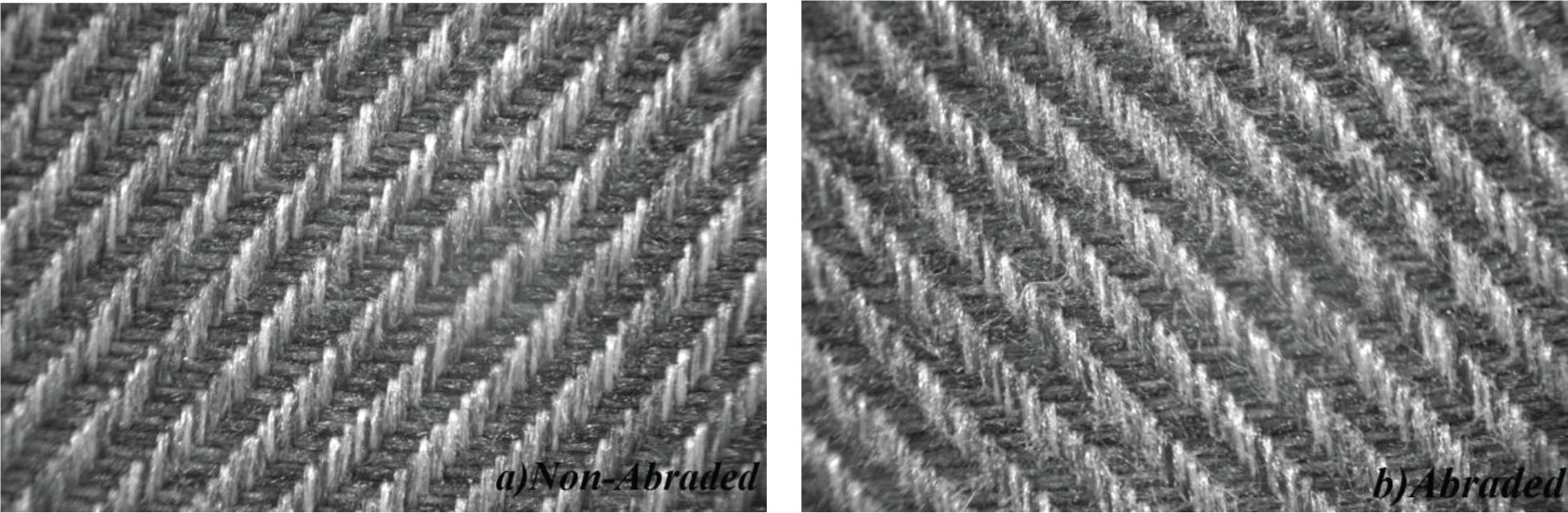 Figure 2 A microscopic view of F3 fabric a) before and b) after 20000 cycles of abrasion
