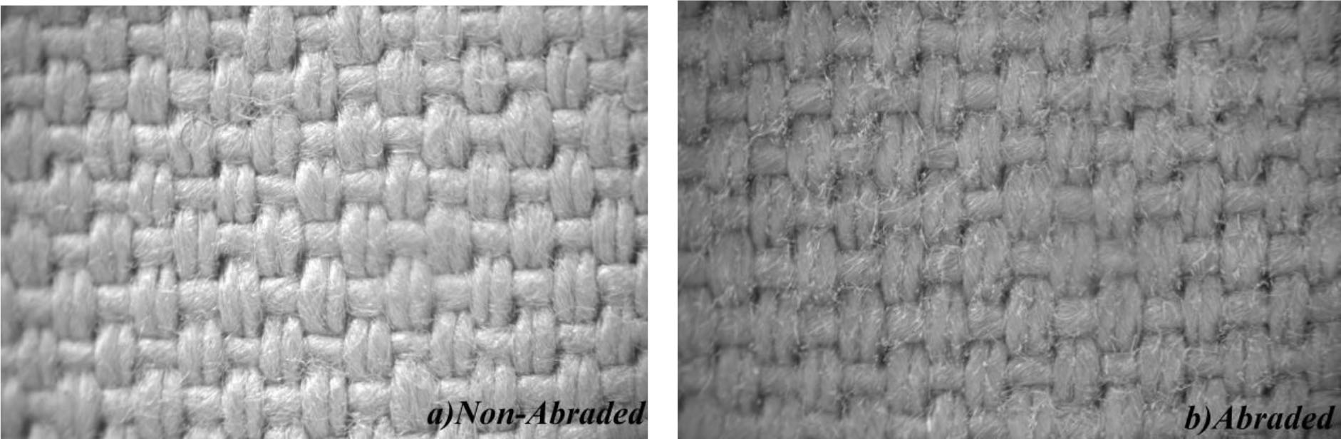 Figure 9 A microscopic view of F5 fabric a) before and b) after 20000 cycles of abrasion