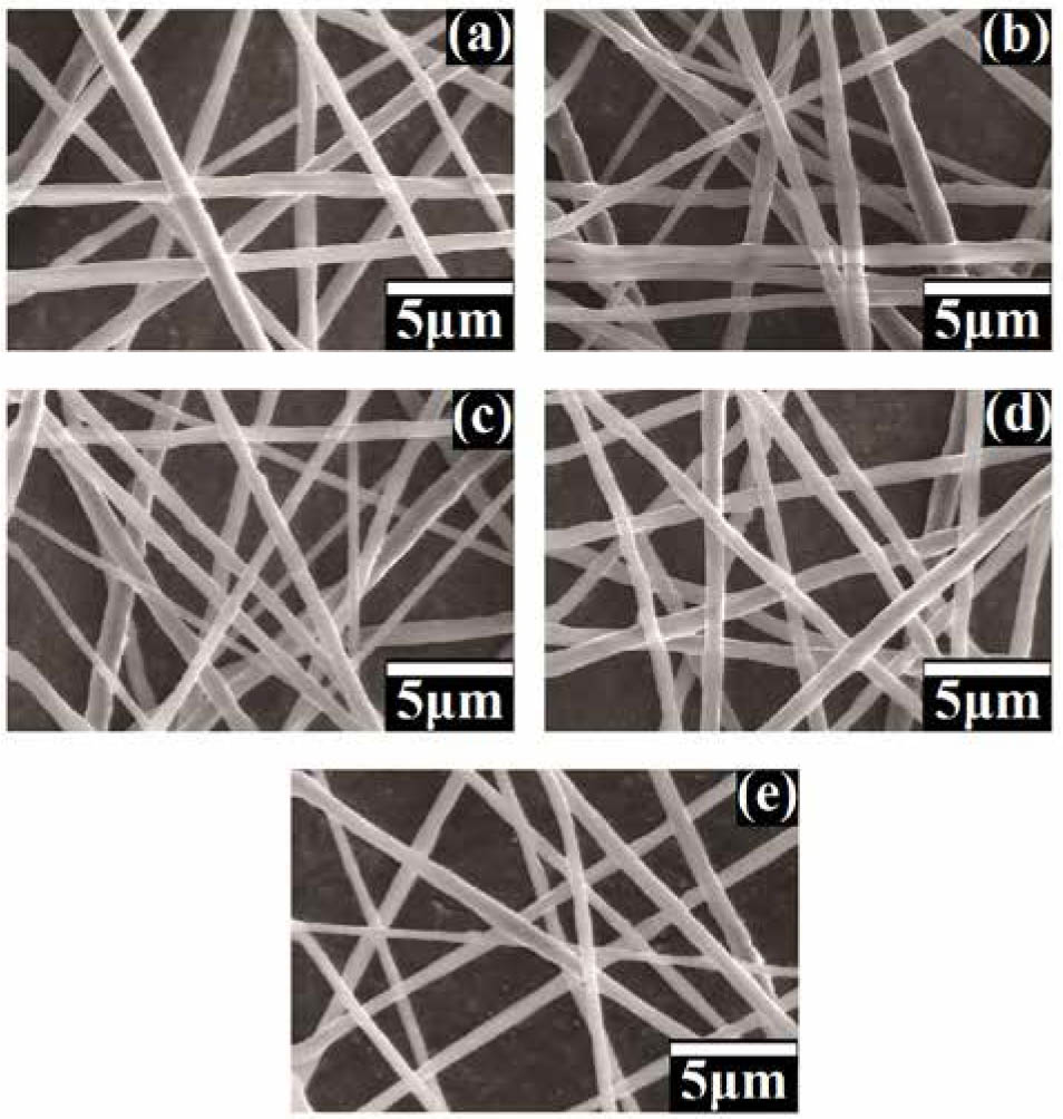 Figure 12 SEM photos of nanofibers obtained at voltages (a) 4 kV, (b) 6 kV, (c) 8 kV, (d) 10 kV, and (e) 12kV