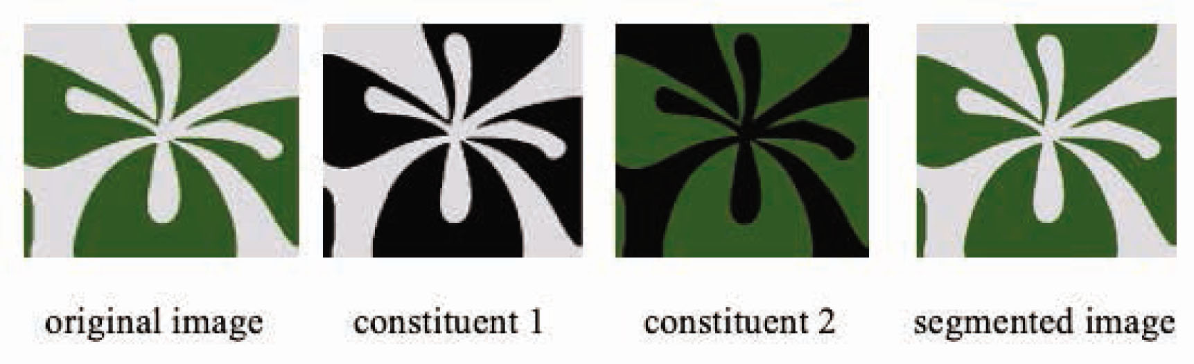 Figure 2 Two-colored printed pattern and their segmented constituents.