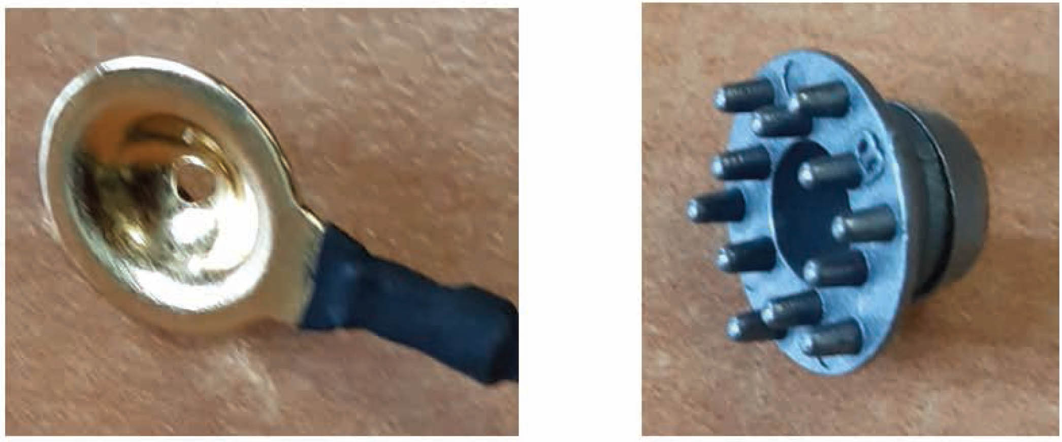 Figure 3 Standard EEG electrodes; gold cup wet electrode (left); and pin-shaped dry Ag/AgCl electrode (right).