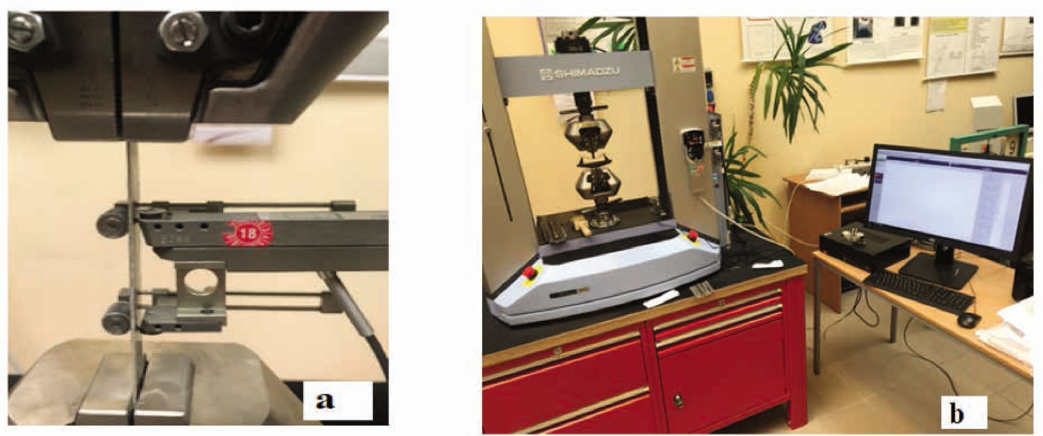 Figure 4 Shimadzu AG-X plus testing machine: (a) tensile strength test and (b) flexural rigidity test.