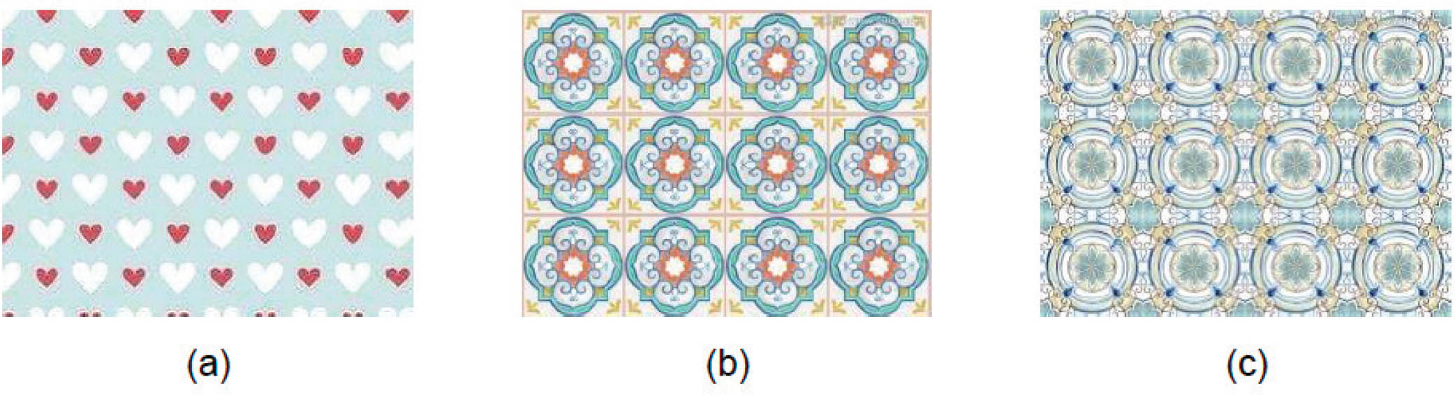Figure 6 Samples of printed fabrics to be detected; (a), (b) and (c) are different patterns of printed fabric samples.