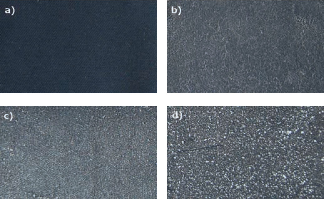 Figure 2 Photographs of the fabric surface S: (a) unmodified, (b) coated without aerogel (KCB CG 0%), (c) coated with 6% aerogel (KCB CG 6% FR 1), and (d) coated with 14% aerogel (KCB CG 14% FR 2 wa).