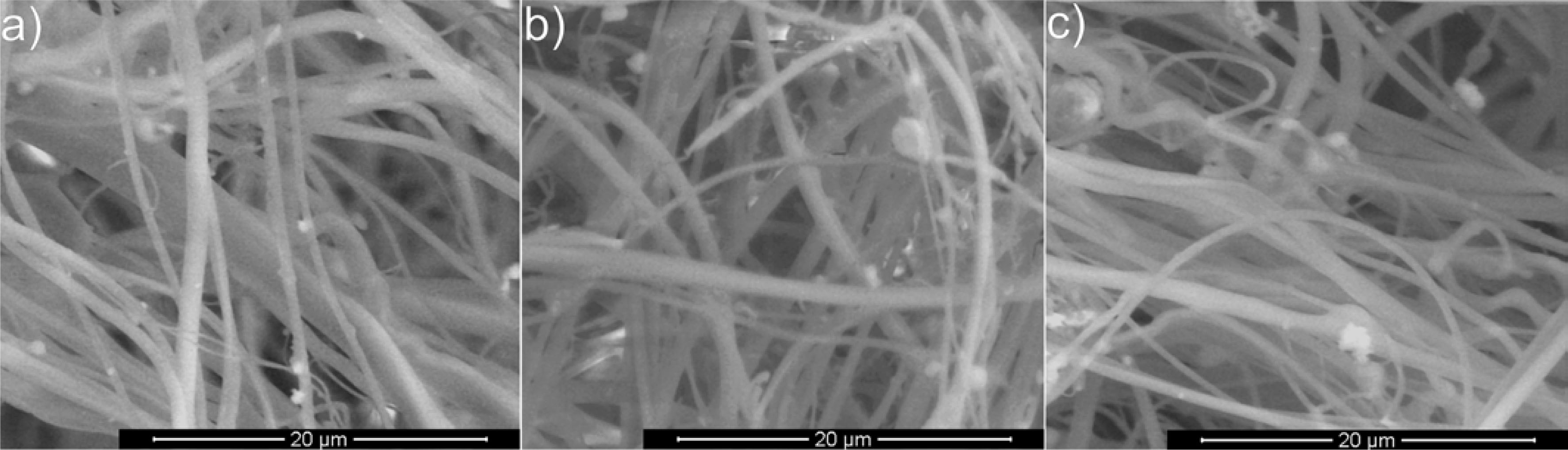 Figure 5 SEM images of the melt-blown nonwoven layer with modifiers before test (A) and after test involving acidic sweat (B), and alkaline sweat (C).