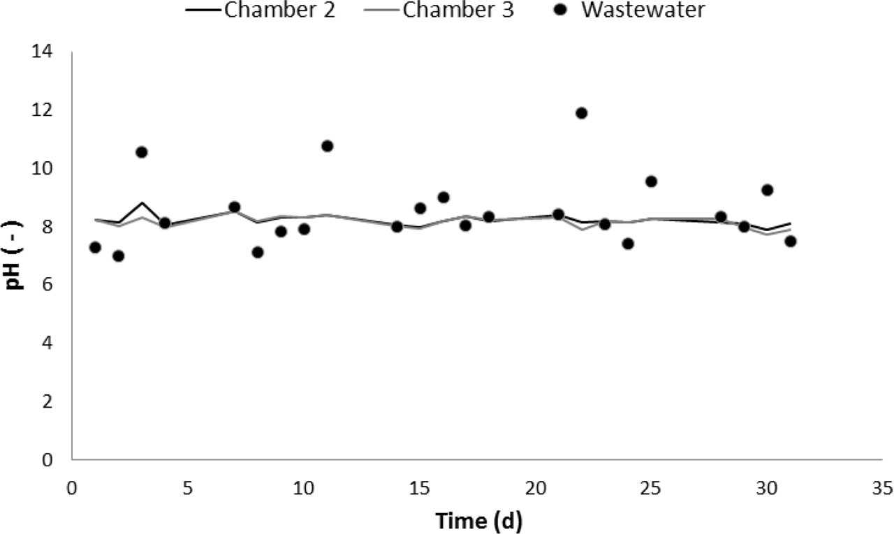 Figure 2 pH changes in wastewater and both aerated chambers within 1 month.