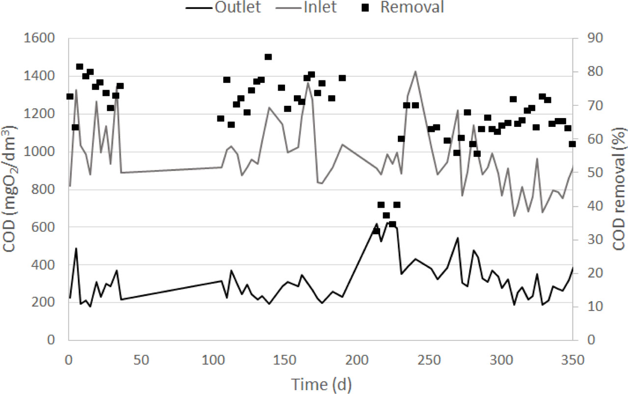 Figure 3 COD changes and removal efficiency within 1 year.