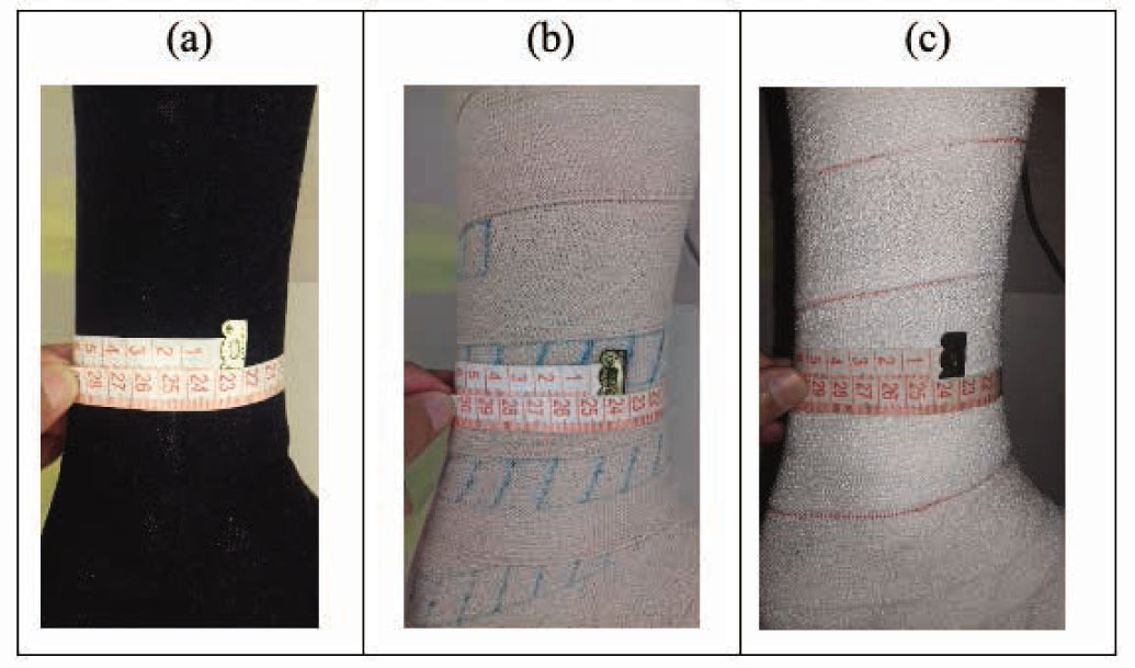 Figure 2 Measuring the total bandage thickness on thermal foot manikin. (A) clothed TFM with socks without bandage, (B) TFM with socks and CO-PA-PU-2 bandage, and (C) TFM with socks and VI-PU-2 bandage.