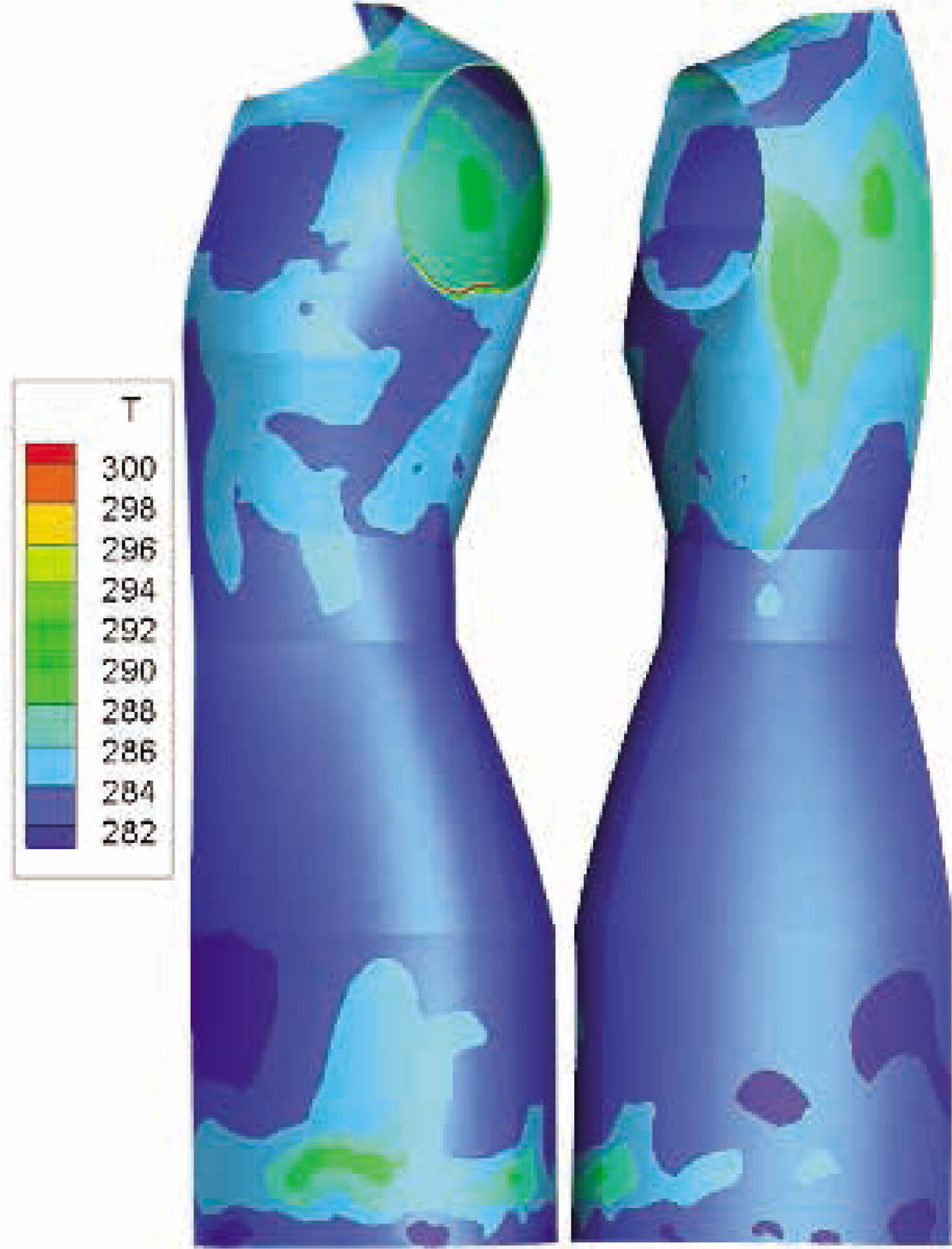 Figure 5 Temperature contours on the cloth surface.