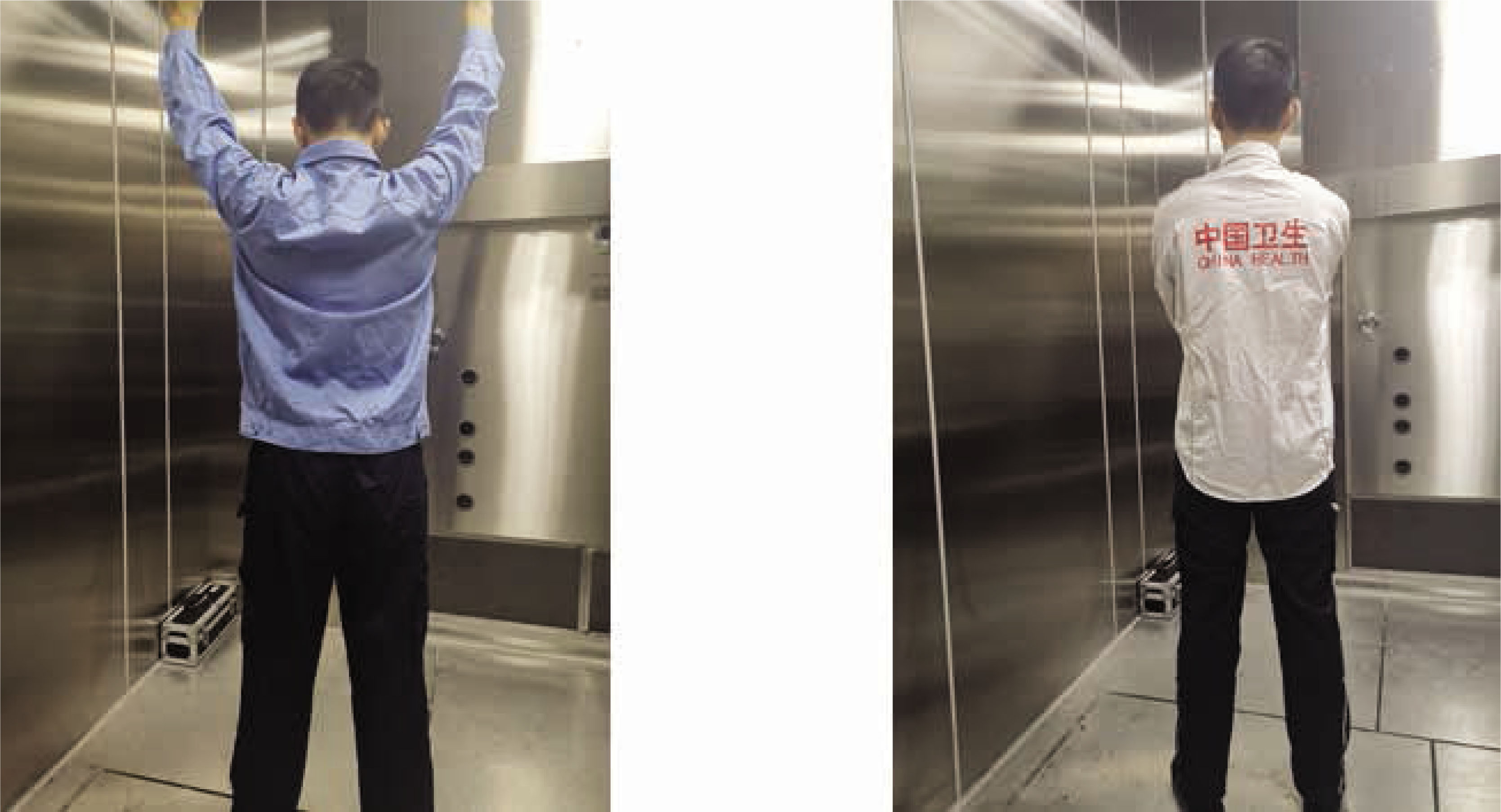 Figure 5 A male participant is wearing experimental clothing: the traditional emergency rescue suit (the left photo) and the new emergency rescue suit (the right photo).