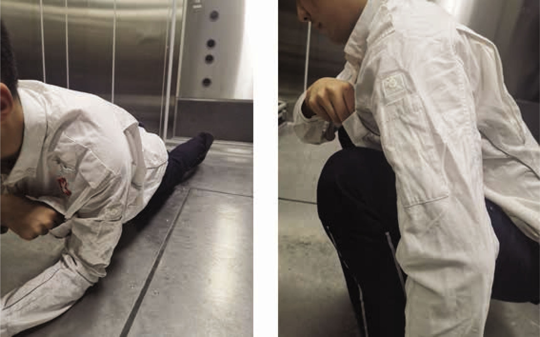 Figure 6 A male participant is wearing the new experimental clothing: crawling (the left photo) and squatting (the right photo).