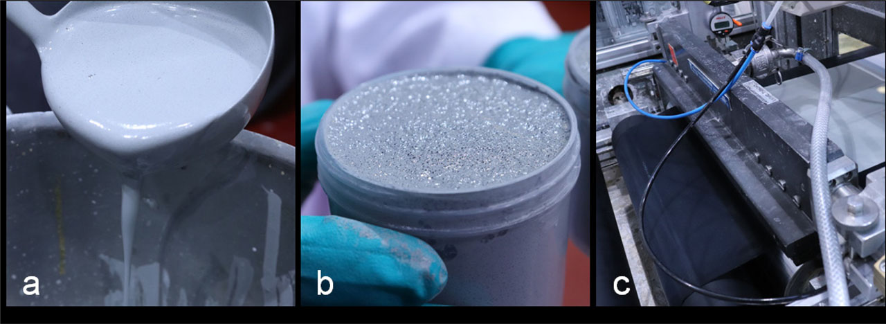 Figure 2 Abrasive slurry (a), slurry foamed (b), and foam application in the pilot trial (c).