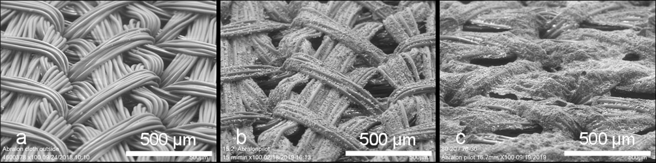 Figure 7 SEM images of plain cloth (a), foam coated cloth with formulation F1_Pilot (b), and F3_Pilot (c). SEM, scanning electron microscope.