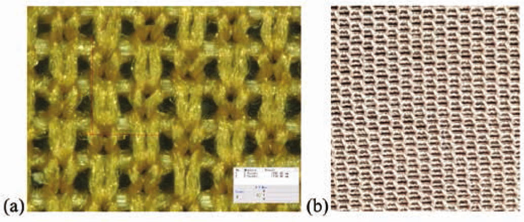 Figure 3. Microscopic knit-type of compression socks used (a) 1×1 laid-in knit-miss (b) 1×1 laid-in Mesh-knit