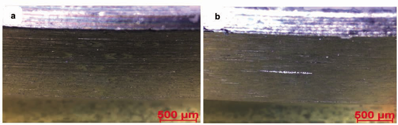 Figure 19. Microscopic cross-sectional view of (a) old anvil wheel and (b) new anvil wheel.