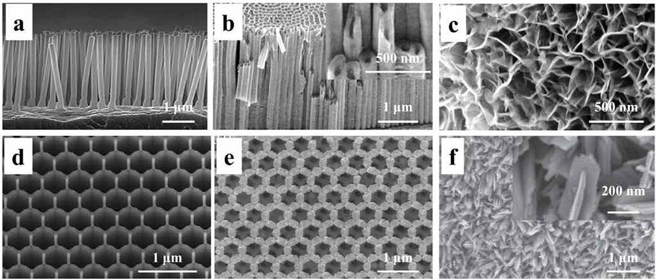 Figure 1. SEM images of different 3D nanostructures. (a) Nanorod arrays; (b) nanotube arrays; (c) nanosheet arrays; (d) nanopore arrays; (e) nanoporous structures; and (f) hierarchical nanostructures. (Reproduced with permission [3]. Copyright 2020, Wiley–VCH.).