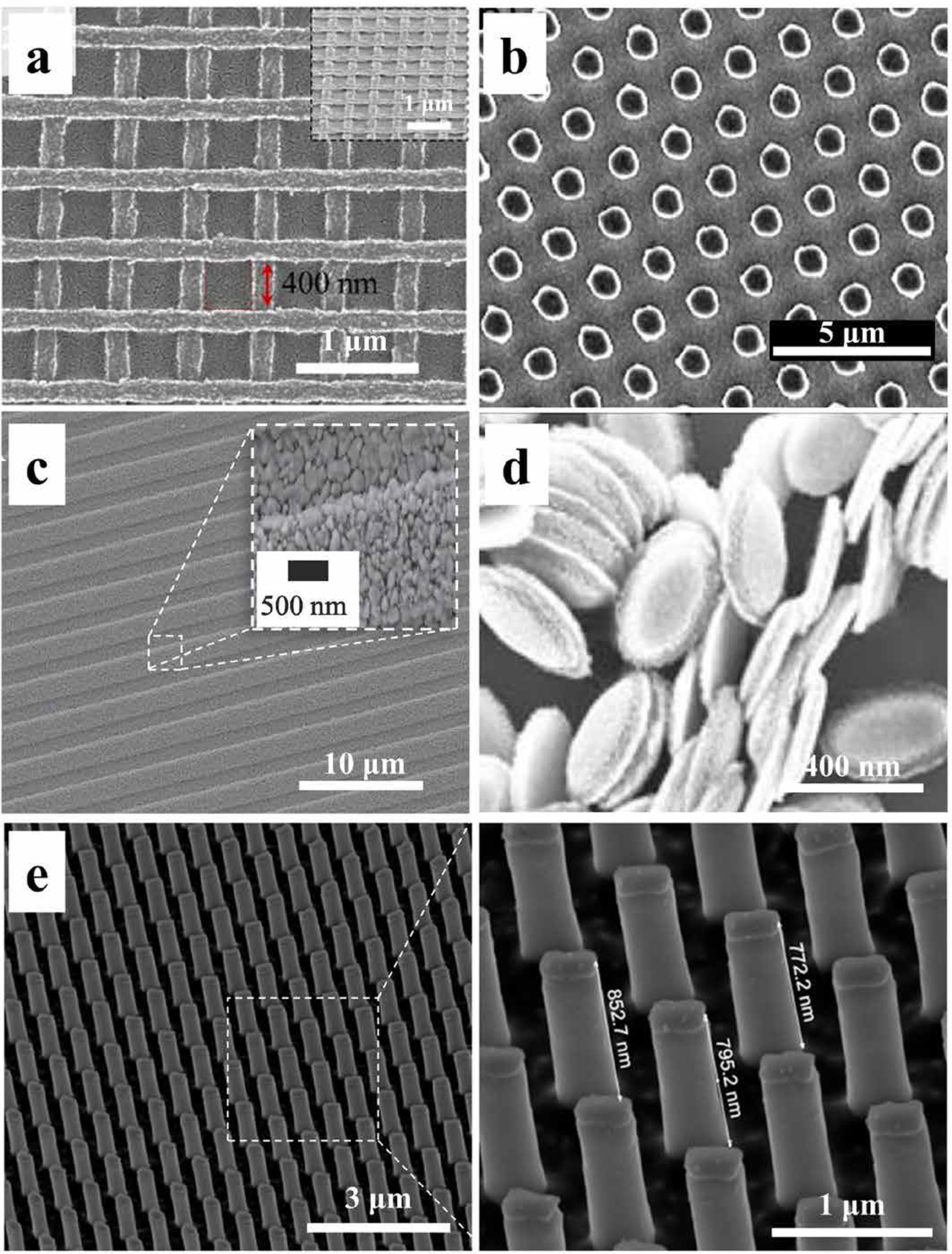 Figure 9. 3D nanoscale structures fabricated by NIL. (a) Large-area nanogap-controlled 3D nanoarchitectures (Reproduced with permission [37]. Copyright 2021, American Chemical Society); (b) GaN nanorods with axial InGaN/GaN quantum well insertions (Reproduced from [38]. CC BY 4.0.); (c) silver gratings (Reproduced from [39]. CC BY 4.0.); (d) multifunctional nanoprobes (Reproduced from [40]. CC BY 4.0.); (e) nanopillar structures (Reproduced from [41]. CC BY 4.0.).
