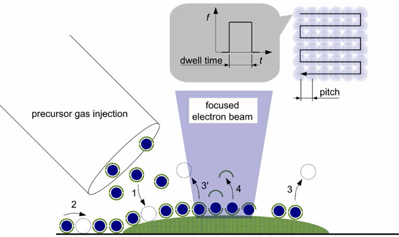 Figure 10. Illustration of FEBID. Precursor molecules (here: organometallic complex; blue, metal; green, organic ligands) are supplied by a gas-injection system and physisorb (1) on the surface. Surface diffusion (2), thermally induced desorption (3) and electron-stimulated desorption (3’) take place. Within the focus of the electron beam, adsorbed precursor molecules are (partly) dissociated followed by desorption of volatile organic ligands (4). Upper right: For pattern definition, the electron beam is moved in a raster fashion (here, serpentine) over the surface and settles on each dwell point for a specified dwell time. After one raster sequence is completed, the process is repeated until a predefined number of repeated loops is reached. (Reproduced from [46]. CC BY 2.0.).