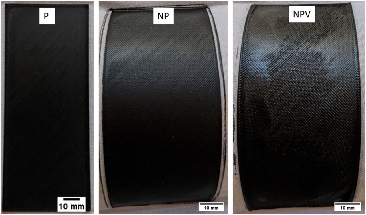 Figure 7. Printed samples on textile – planar sample (P), non-planar sample (NP) and non-planar sample with shift (NPV).