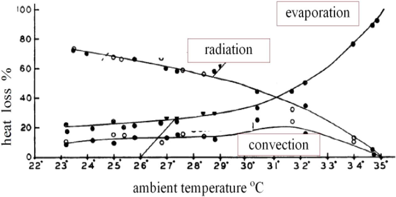 Figure 2. Percentage of heat loss due to radiation, evaporation, and convection, as a function of ambient temperature (adapted from ref. [11]).