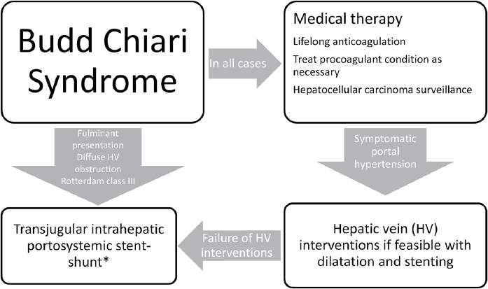 Figure 1 Stepwise management of BCS. *Consider referral for early liver transplant in suitable candidates if the BCS-TIPS score is >7. BCS, Budd–Chiari syndrome; TIPS, transjugular intrahepatic portosystemic shunt.