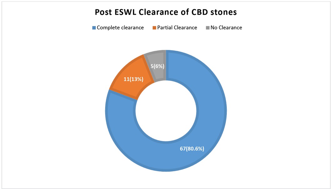 Figure 3 Rate of clearance of common bile duct (CBD) stones after extracorporeal shock wave lithotripsy (ESWL)