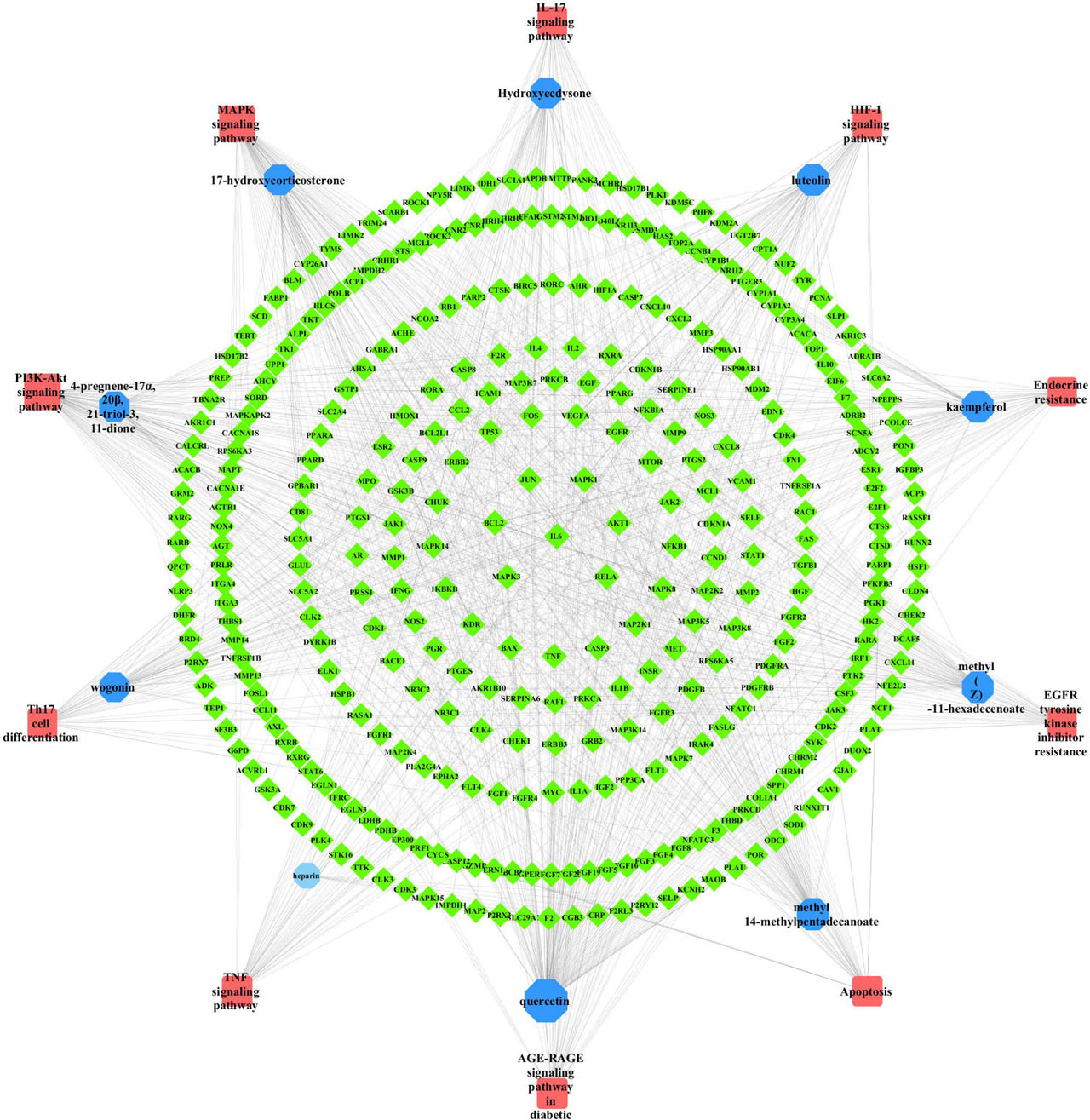 Figure 11 Visual analysis of compound-pathway-target network. Green diamonds represent the targets; blue octagons represent the calculated compounds; red rectangles represent the calculated pathways. The size and color of the border are arranged according to the degree value.