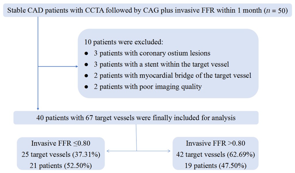 Figure 2 Flow diagram of the study. CAG: coronary angiography; CCTA: coronary CT angiography; FFR: fractional flow reserve; CAD: coronary artery disease.