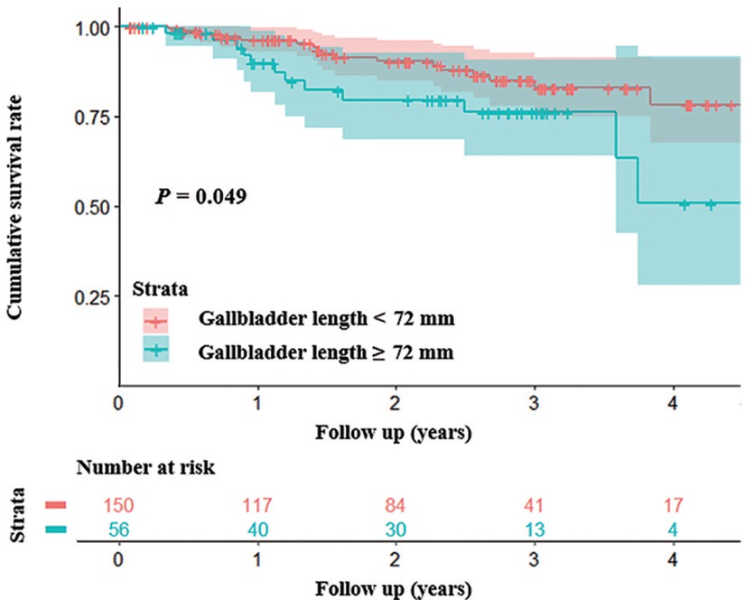 Figure 3 Kaplan-Meier curve analysis demonstrating that patients with gallbladder length < 72 mm had a significantly higher cumulative survival rate than those with a length of ≥ 72 mm (P = 0.049 by log-rank test).