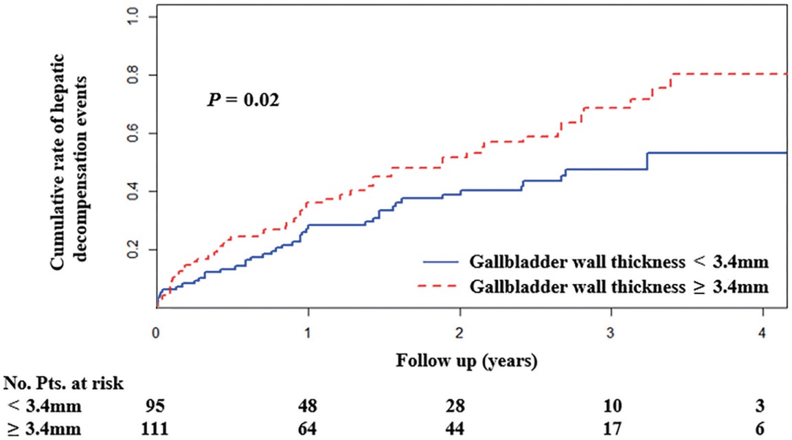 Figure 4 Nelson-Aalen cumulative risk curve analysis demonstrating that patients with gallbladder wall thickness < 3.4 mm had a significantly lower cumulative rate of hepatic decompensation events than those with a thickness of ≥ 3.4 mm (P = 0.02 by Gray’s test). Pts: patients.