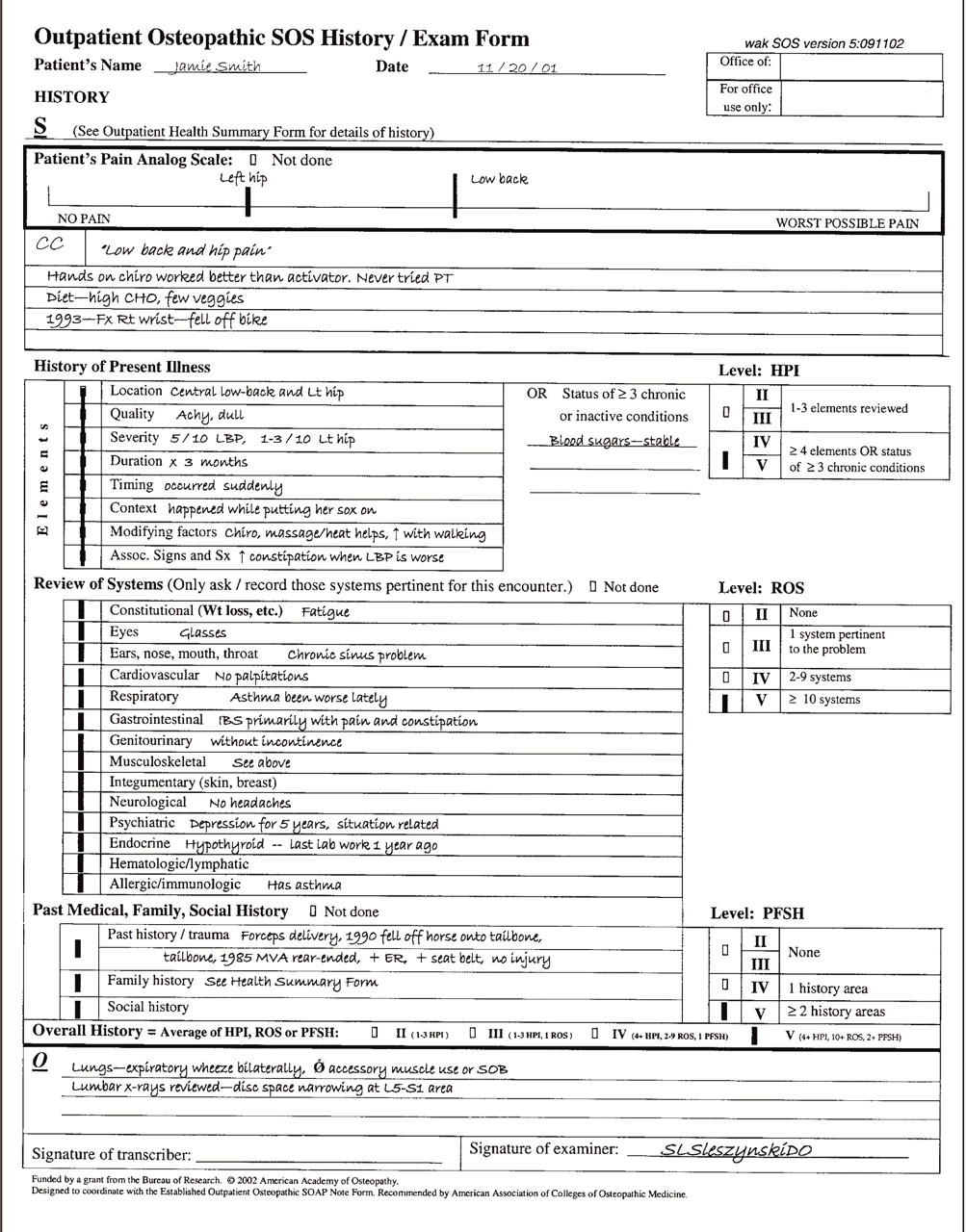 Figure 2
(1 of 3).
The Outpatient Osteopathic SOS (Single Organ System) Musculoskeletal Exam Form Series is a format for documenting a comprehensive osteopathic patient visit. The form series consists of four pages, where pages 2 through 4 are used for each patient visit as physician progress notes. Page 1 of 3 is the Outpatient Osteopathic SOS History/Exam Form and is used to document the chief complaint; to record a detailed review of systems; and to note personal past medical, family, and social history, as well as objective findings. (Reprinted with permission of the American Academy of Osteopathy.) Copies of the Outpatient Osteopathic Single Organ System Musculoskeletal Exam Form Series can be obtained from the American Academy of Osteopathy, 3500 DePauw Blvd Ste 1080, Indianapolis, IN 46268 or call (317) 879-1881.
