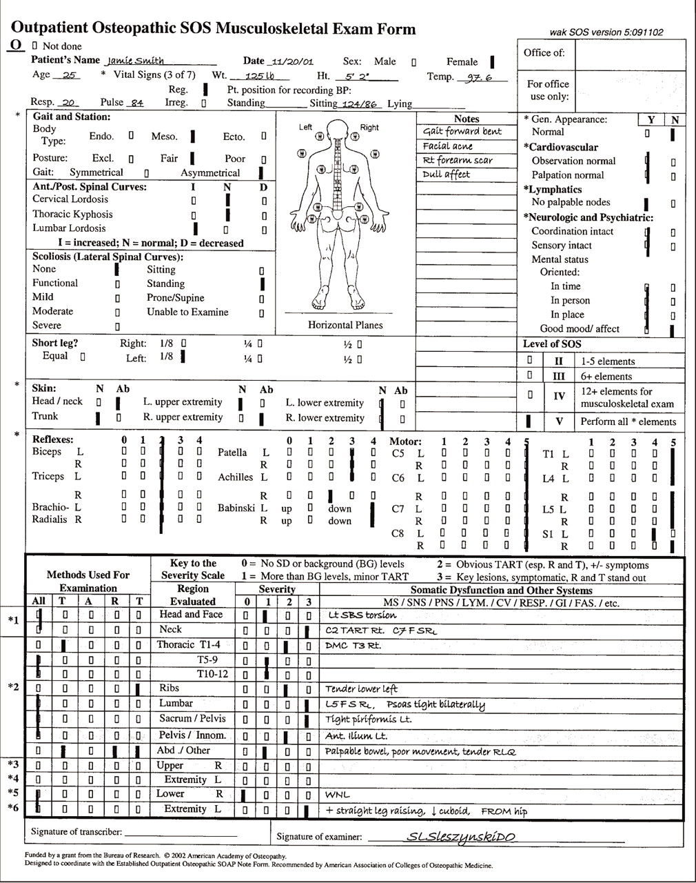 Figure 2
(2 of 3).
The Outpatient Osteopathic SOS (Single Organ System) Musculoskeletal Exam Form Series is a format for documenting a comprehensive osteopathic patient visit. The form series consists of four pages, where pages 2 through 4 are used for each patient visit as physician progress notes. Page 2 of 3 is the Outpatient Osteopathic SOS Musculoskeletal Exam Form and contains the musculoskeletal examination table and additional objective examination items. This form has been validated statistically in the current study. (Reprinted with permission of the American Academy of Osteopathy.) Copies of the Outpatient Osteopathic Single Organ System Musculoskeletal Exam Form Series can be obtained from the American Academy of Osteopathy, 3500 DePauw Blvd Ste 1080, Indianapolis, IN 46268 or call (317) 879-1881.