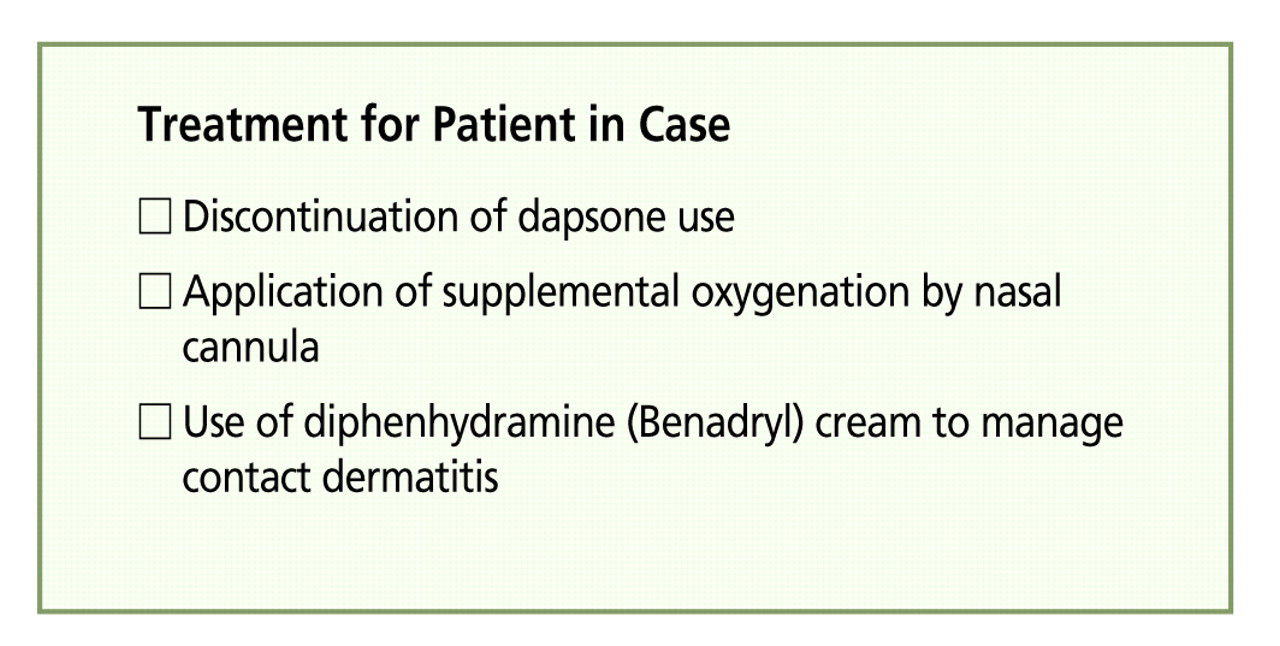 Figure.   
          
            Treatment successfully used for the patient in the present case, a white woman aged 68 years who was diagnosed as having dapsone-induced methemoglobinemia. Before diagnosis, the patient had been self-medicating with dapsone in an effort to manage a rash on her lower extremities, which she believed to be dermatitis herpetiformis.