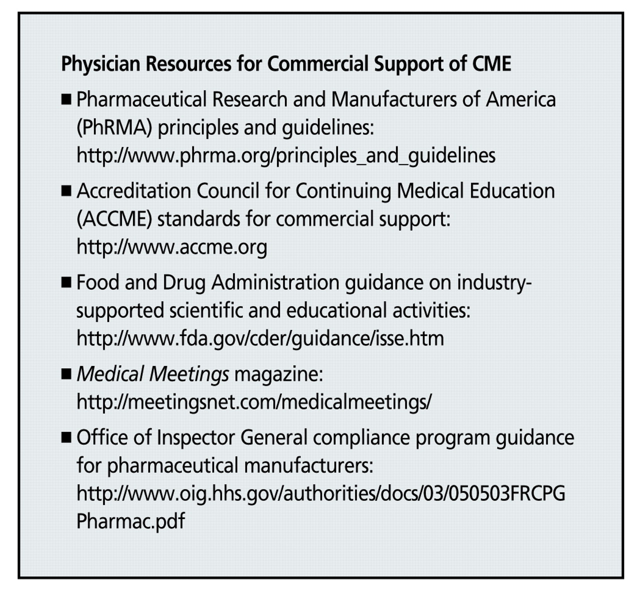 Figure 8.   
          
            Regulatory organizations and government agencies that provide information to physicians regarding guidelines and regulations related to the commercial support of continuing medical education (CME).
          
        