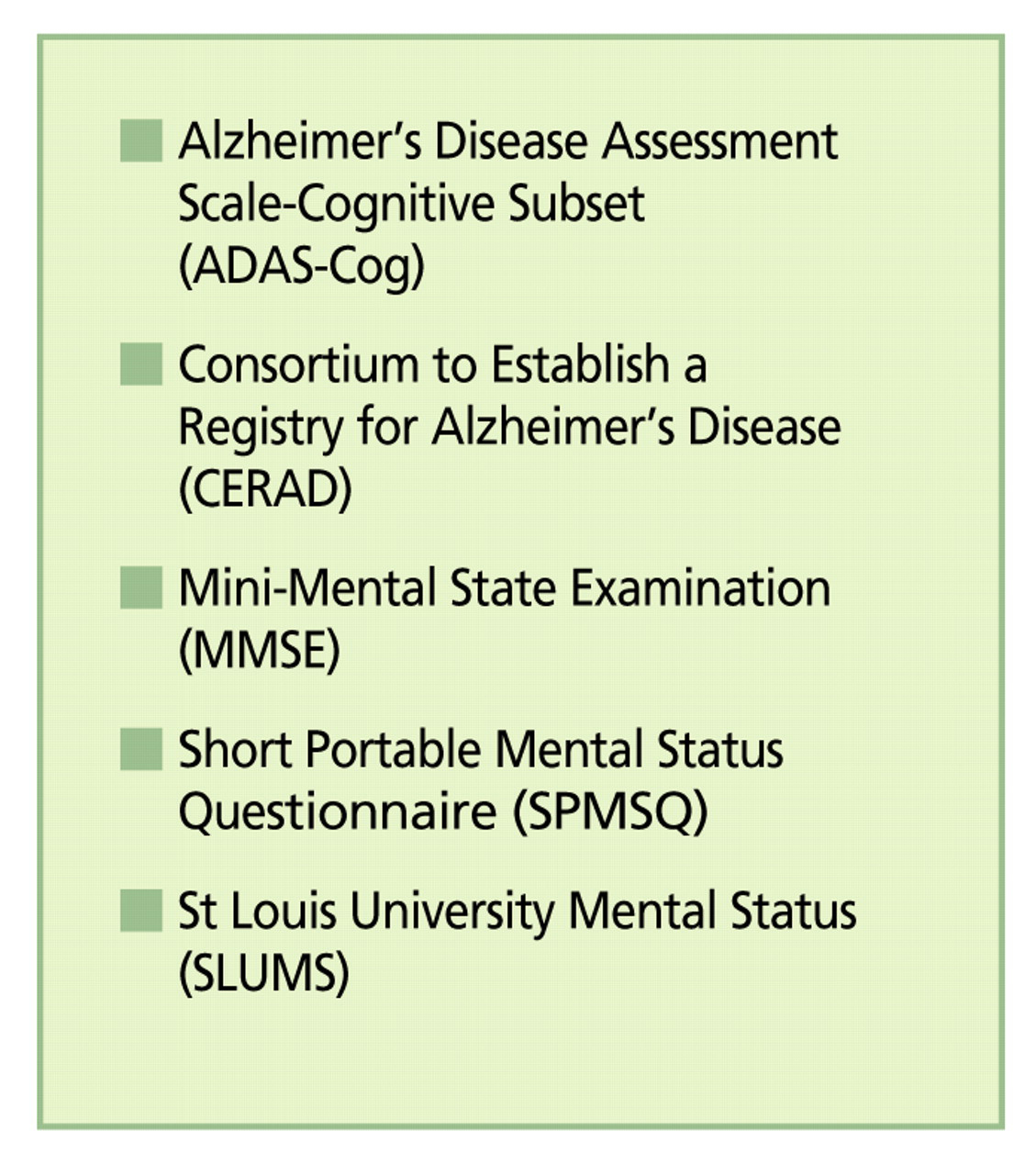 Figure 1.
Commonly used cognitive screening evaluations for Alzheimer disease and mild cognitive impairment.