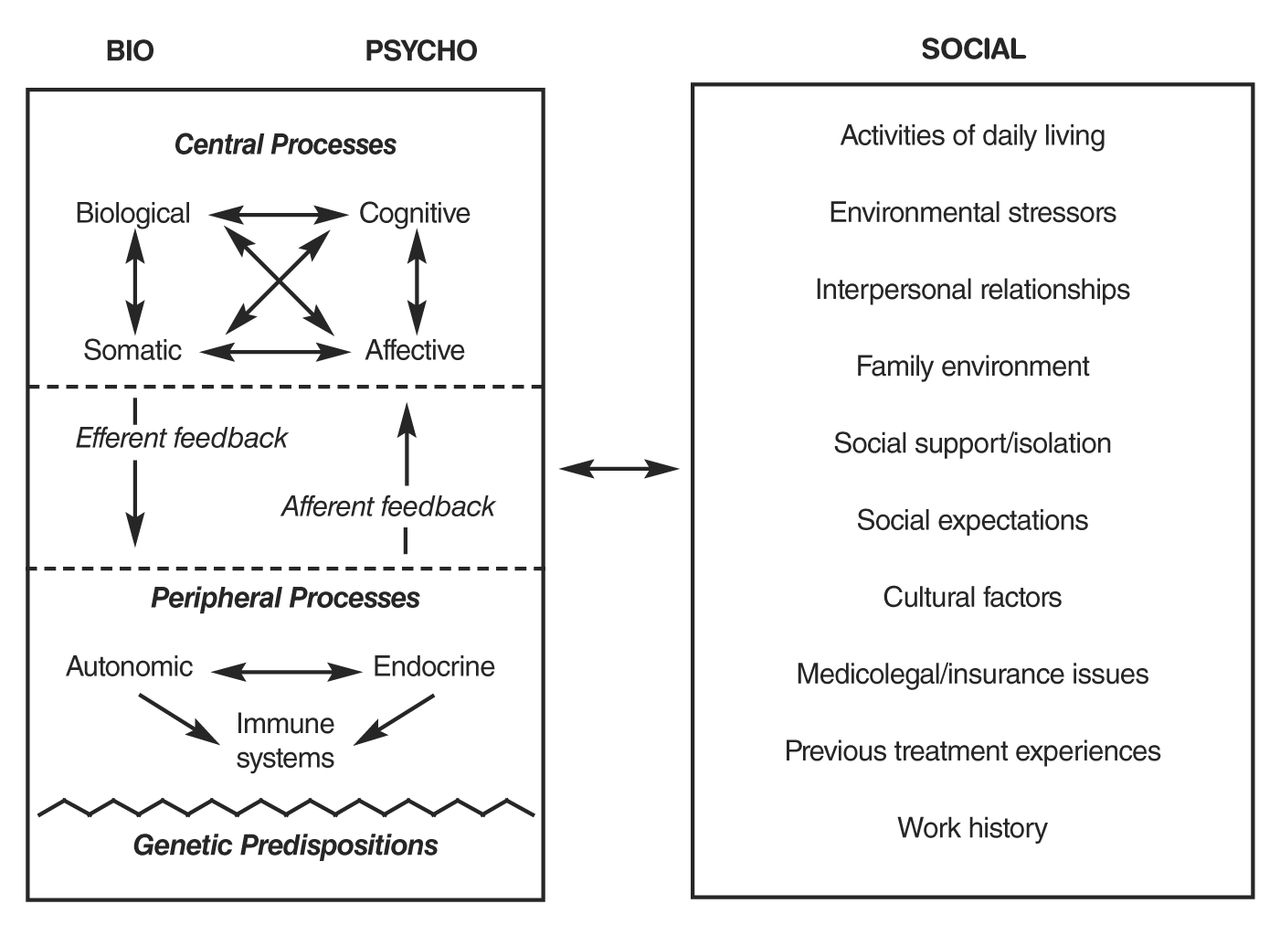 Figure 1. 
        
          Schematic representation of the biopsychosocial model of disease and illness wherein a condition such as chronic low back pain is viewed within the context of a complex interaction of biological, psychological, and social factors. Reprinted with permission from the American Psychological Association (RJ Gatchel. Comorbidity of chronic pain and mental health disorders: the biopsychosocial perspective. Am Psychol. 2004;59(8):795-805).1
      