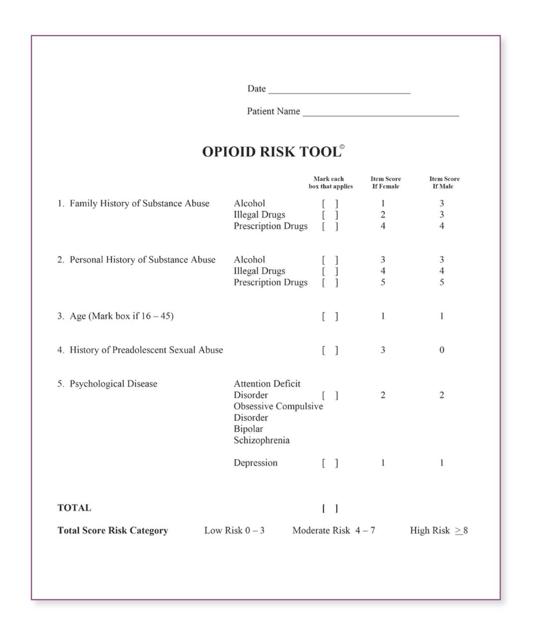  
            An opioid risk assessment tool, which physicians can use to evaluate potential aberrant behavior in a patent who has been prescribed opioids.
          