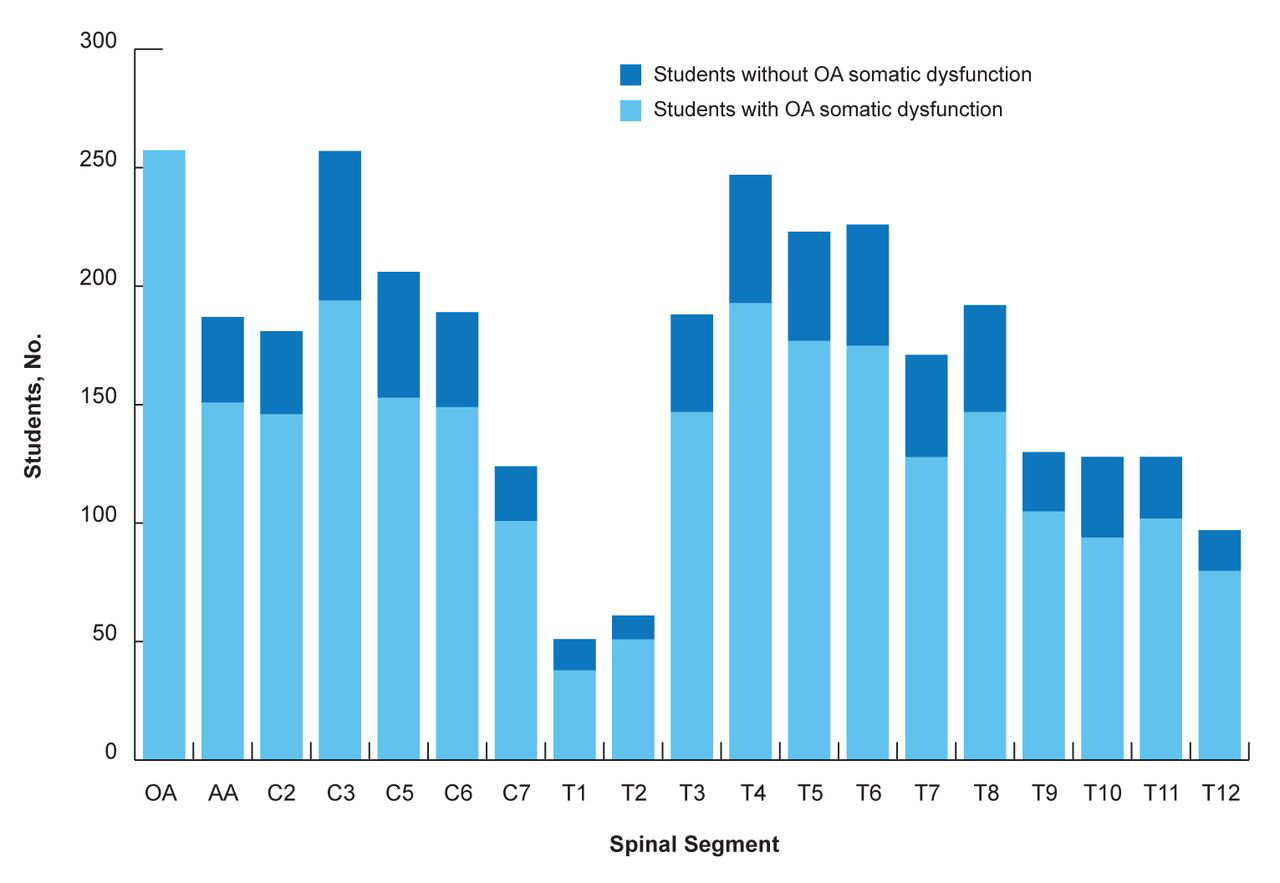 Figure. 
          Students with somatic dysfunction in the cervical and thoracic spinal regions by spinal segment (N=338). Abbreviations: AA, atlantoaxial; OA, occipitoatlantal.
        