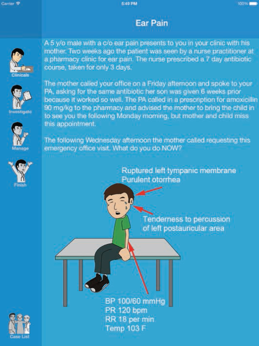 Figure 2. 
            Screen capture of a Prognosis-ATSU (Prognosis Your Diagnosis [Medical Joyworks]) mobile clinical simulation game, incorporated into the curriculum at the A.T. Still University–School of Osteopathic Medicine in Arizona (Mesa) as part of a technology-enhanced active learning initiative. After managing a virtual case on a mobile device, students receive immediate scores and feedback regarding the evaluation and management choices made during game play.
          