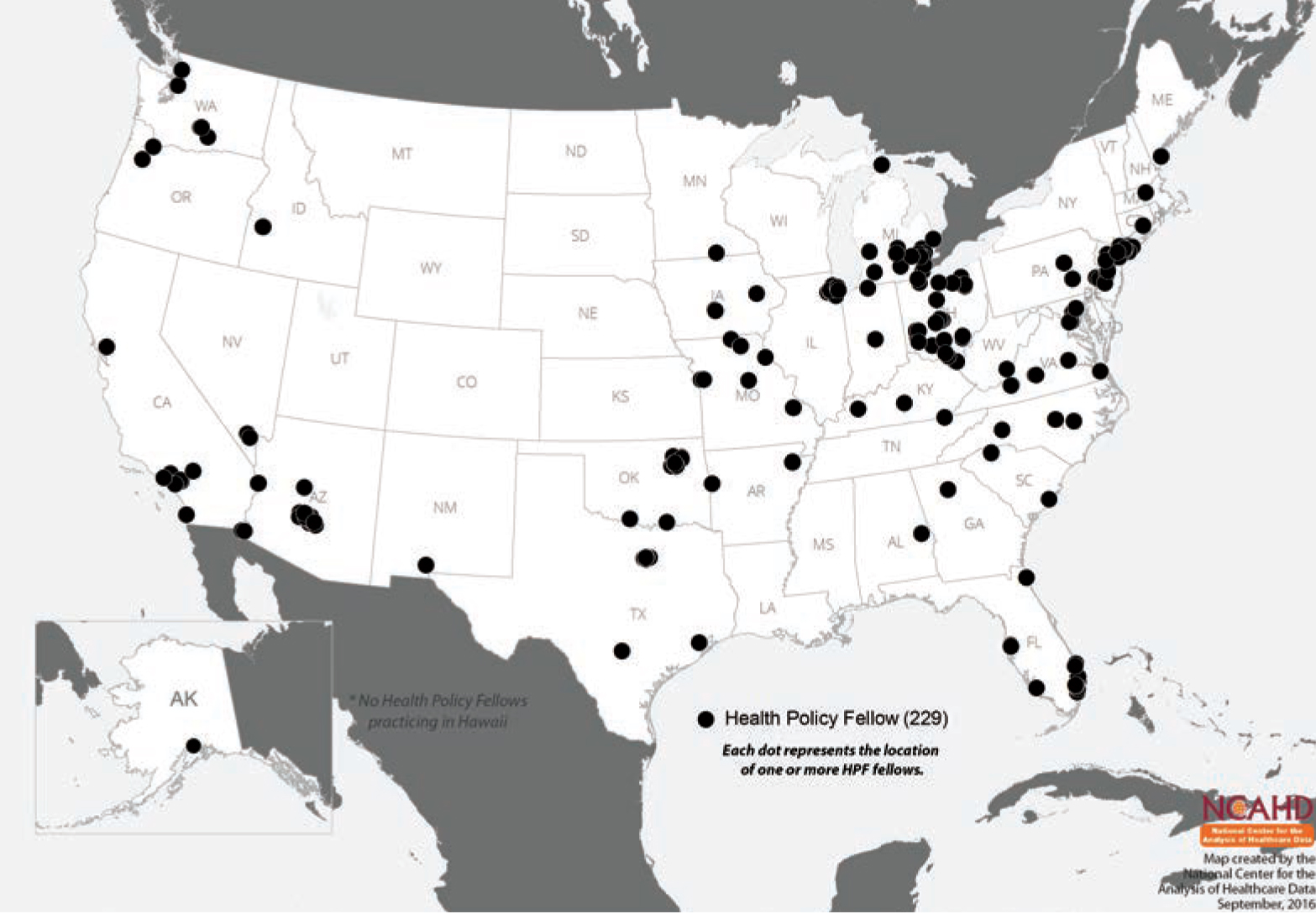 Figure 1. 
          National distribution of the current location of health policy fellows as of May 2016. Health Policy Fellowship (HPF) graduates currently work in 34 states and Washington, DC. This map was created by Ann K. Peton, PhD, from the National Center for the Analysis of Healthcare Data using data provided by Nancy Cooper, coordinator of the HPF.
        