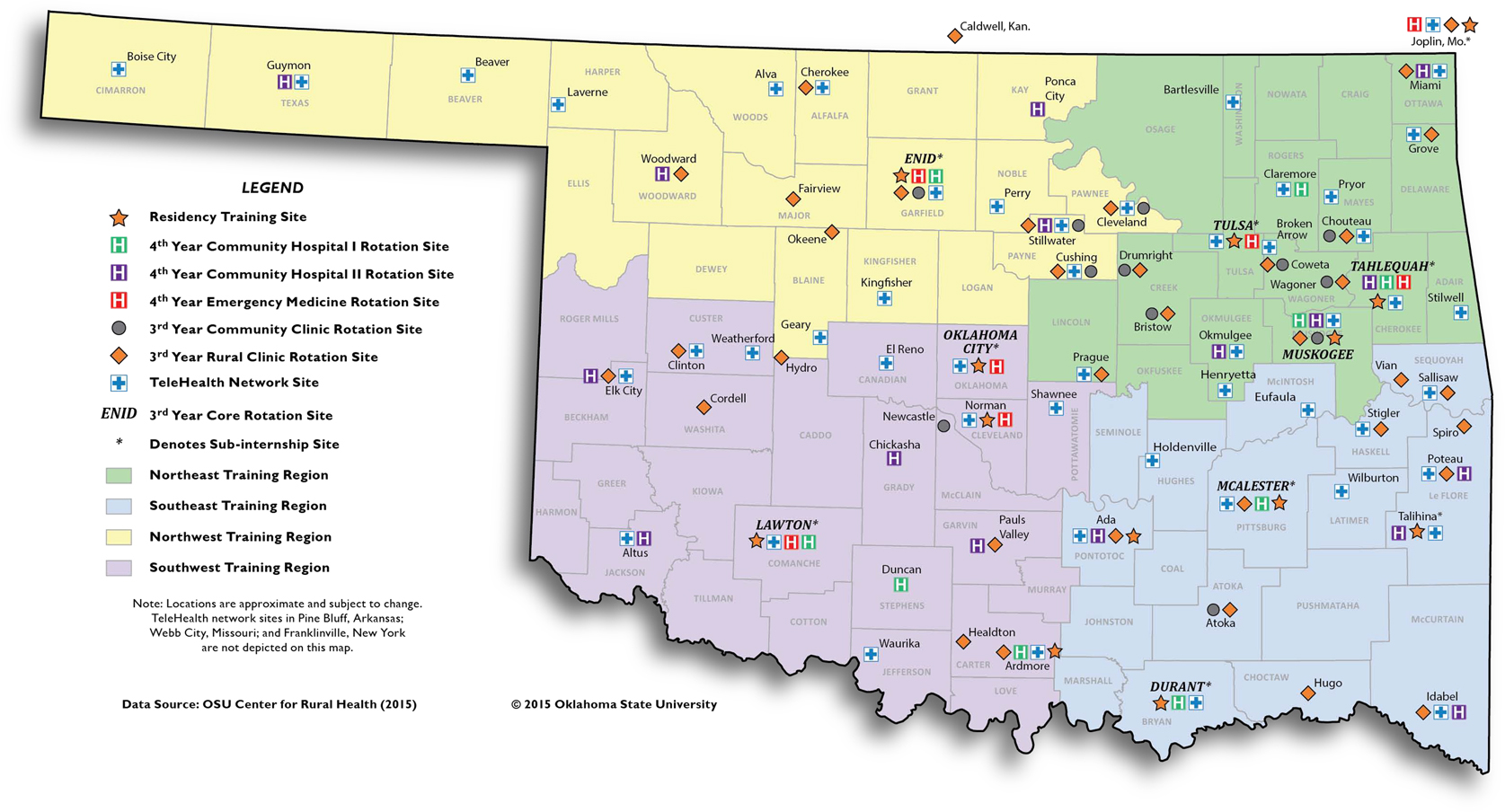 Figure 1. 
            All clinical training sites as of 2015 for Oklahoma State University Health Science Center College of Osteopathic Medicine. One regional coordinator was located in each of the shaded regions. Map produced by the Oklahoma State University Center for Rural Health on March 31, 2015. Printed with permission from Oklahoma State University.
          