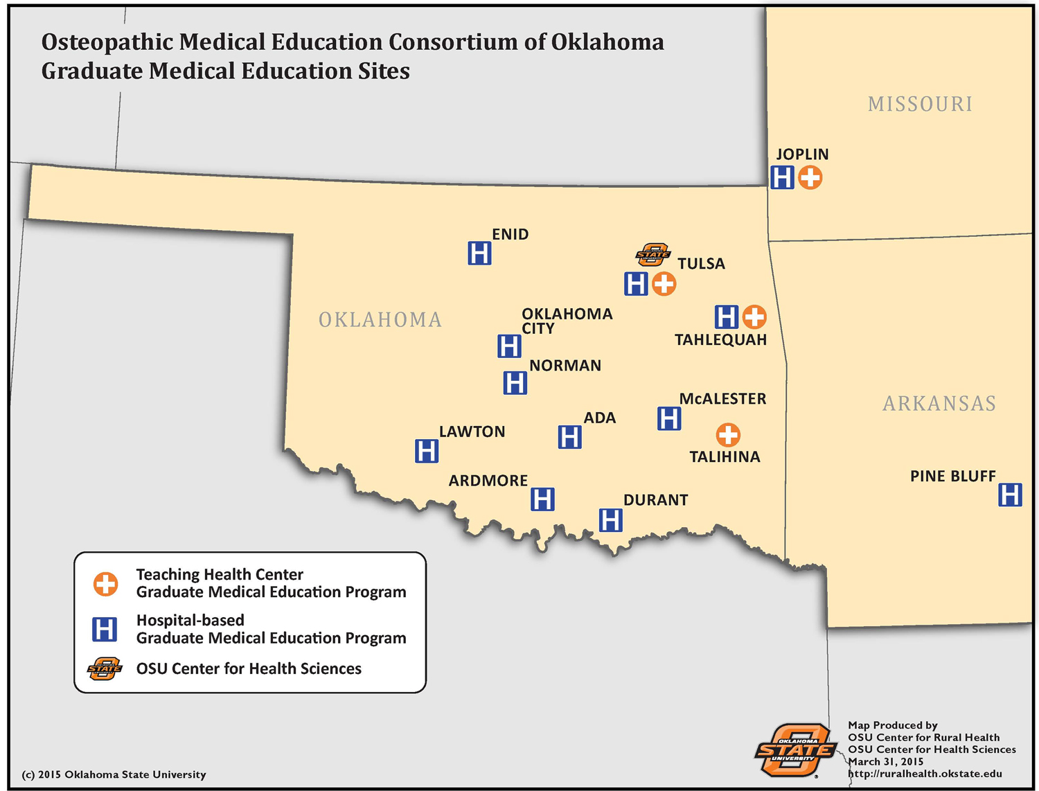 Figure 2. 
            Locations of residency sites in the Osteopathic Medical Education Consortium of Oklahoma. Map produced by the Oklahoma State University Center for Rural Health on March 31, 2015. Printed with permission from Oklahoma State University.
          