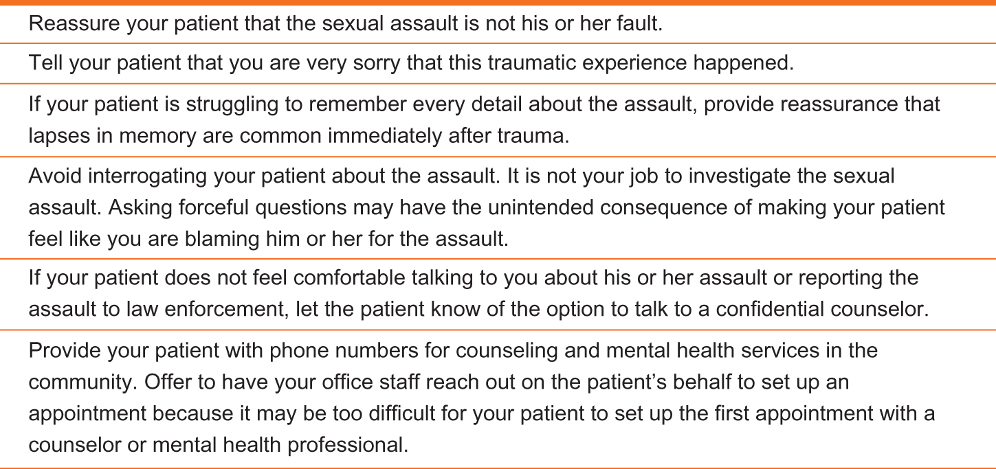 Figure 2.
Suggestions for physicians regarding how to communicate with patients who have been sexually assaulted.