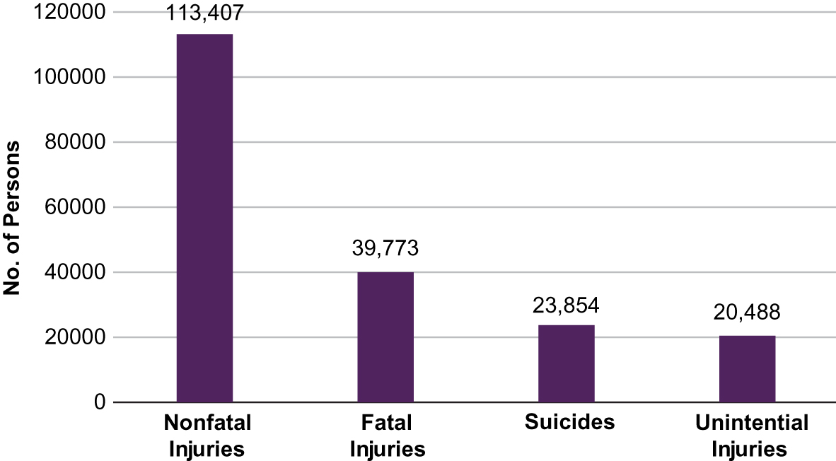 Figure. Centers for Disease Control and Prevention report of US firearm injuries and deaths in 2017.